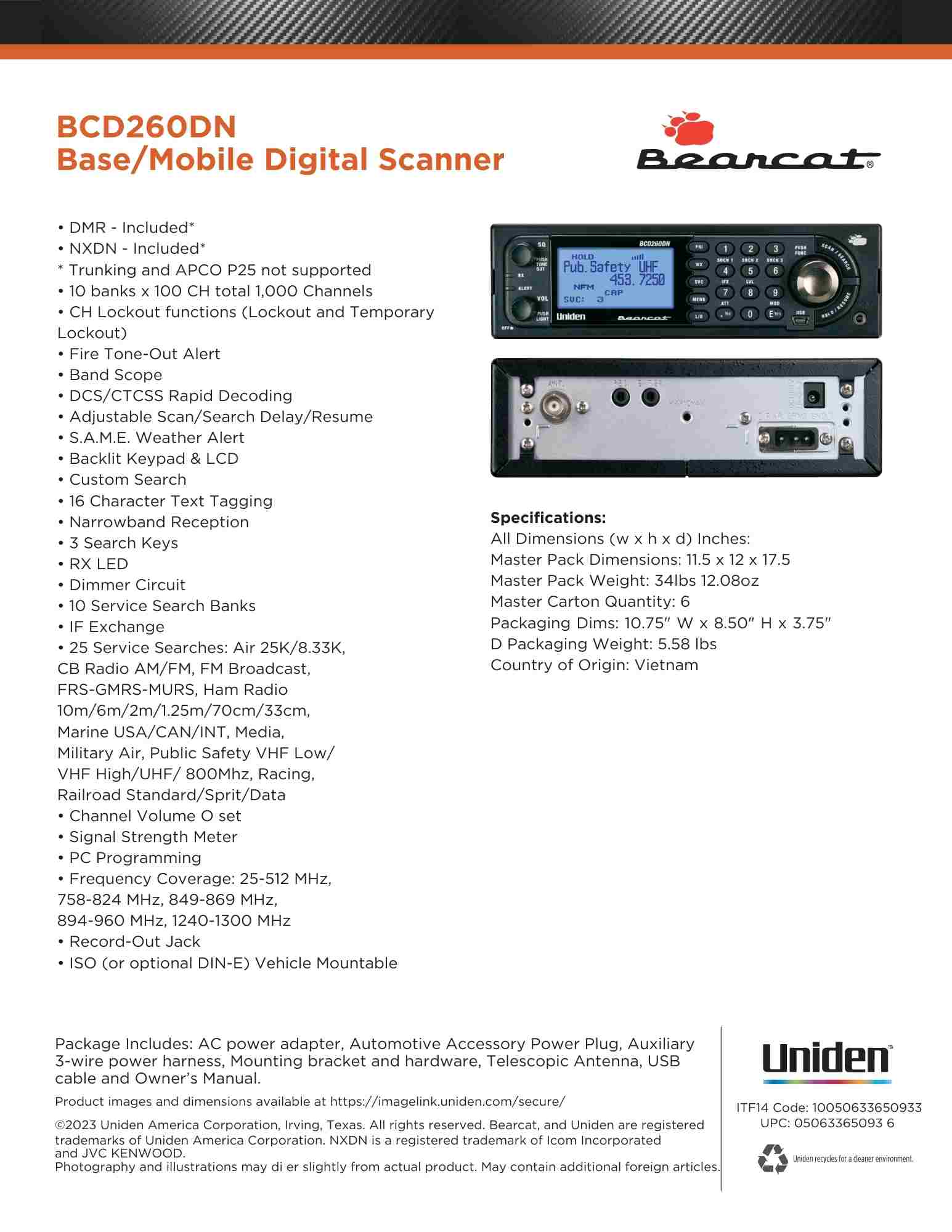 BCD260DN Police Scanner Uniden Digital Base/Mobile Scanner