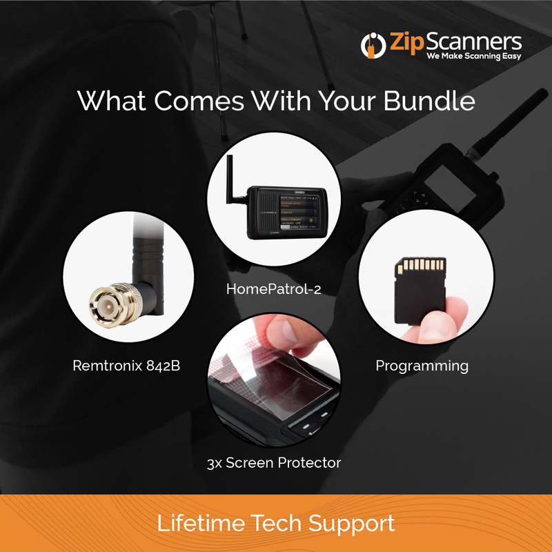 Product bundle with Remtronix 842B, HomePatrol-2, programming card, and screen protectors with ZipScanners branding.