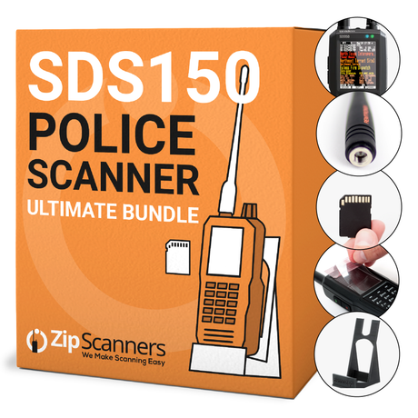 Orange box packaging for ZipScanners SDS150 Police Scanner Ultimate Bundle with illustrations of product features.