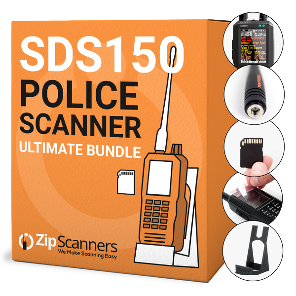 Orange box packaging for ZipScanners SDS150 Police Scanner Ultimate Bundle with illustrations of product features.