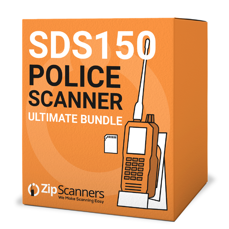 Orange box packaging for Zip Scanners SDS150 Police Scanner Ultimate Bundle