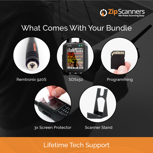 Product bundle with Remtronix 920S, SDS150, programming, 3x screen protectors, and scanner stand on a dark background with ZipScanners branding.