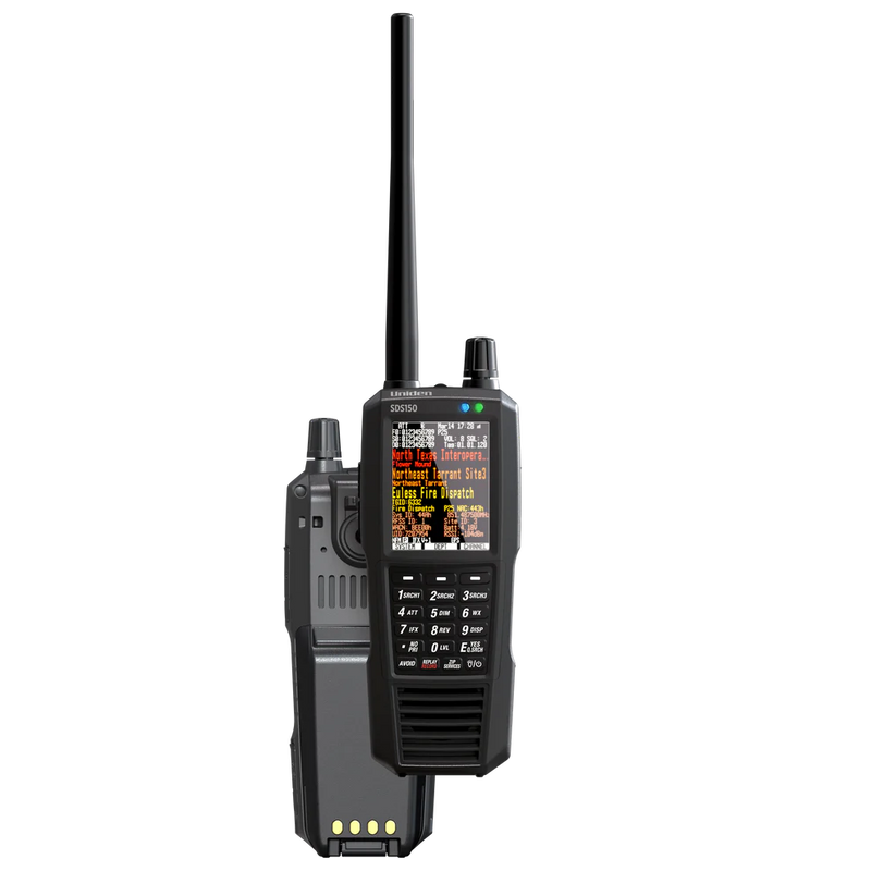 Black walkie-talkie with digital display on a white background