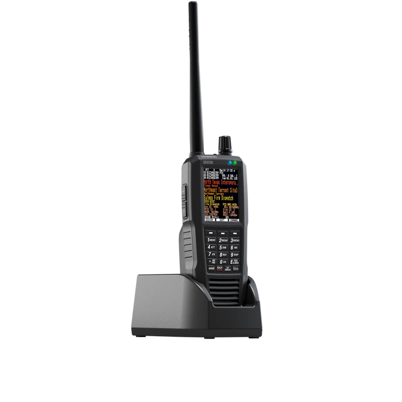 Black walkie-talkie with digital display on a white background