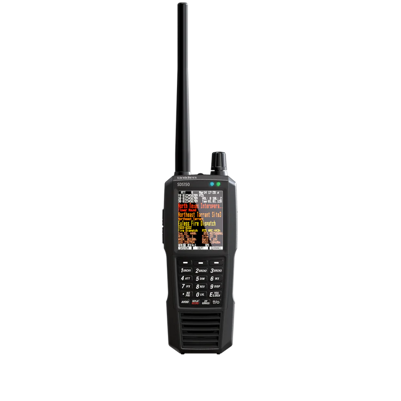 Black walkie-talkie with digital display on a white background