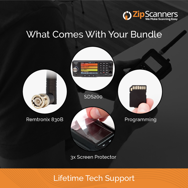 Product bundle with Remtronix 830B, SDS200, programming, and screen protectors with ZipScanners branding.