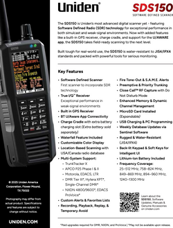 Uniden SDS150 scanner with features listed on a white background