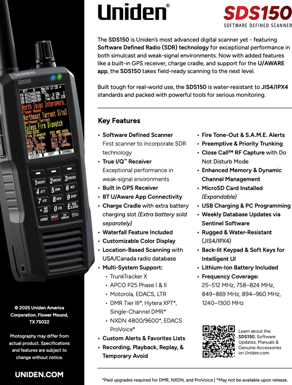 Uniden SDS150 scanner with features listed on a white background