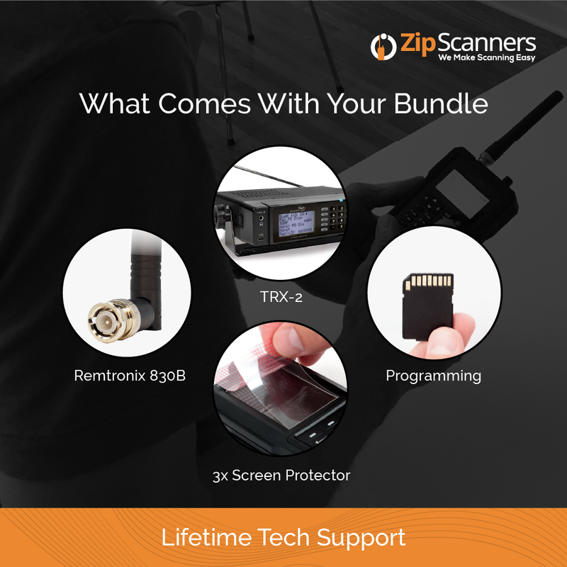 Product bundle details with Remtronix 830B, TRX-2, programming, and screen protectors on a dark background.