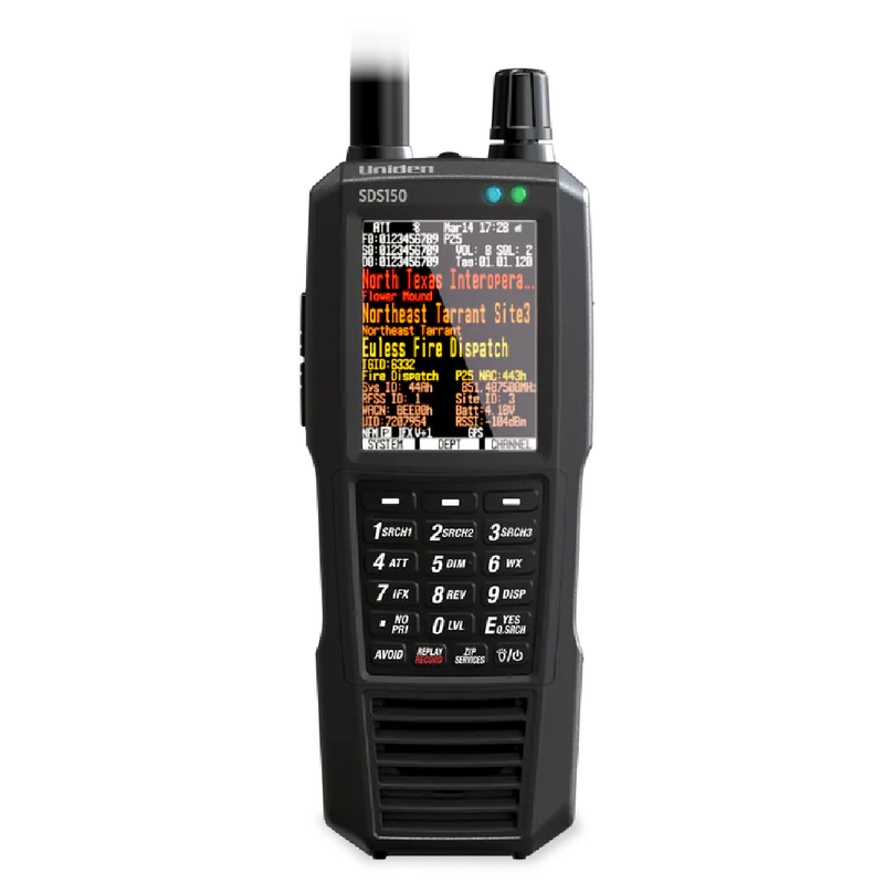 Black handheld radio with digital display on a white background