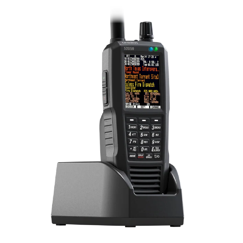 Gray walkie-talkie with digital display on a white background